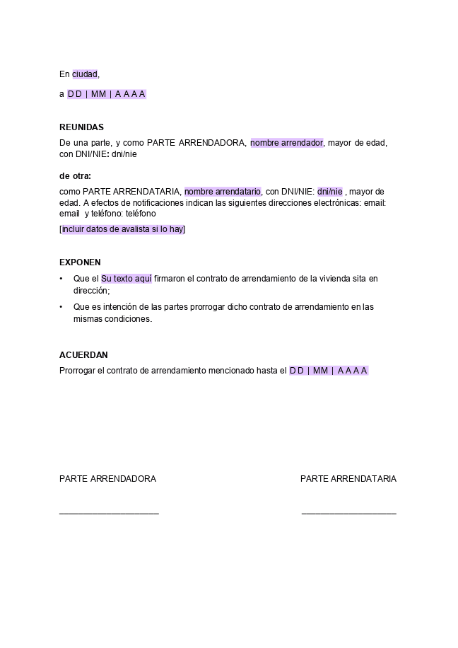 Formulario Prórroga de contrato de alquiler
