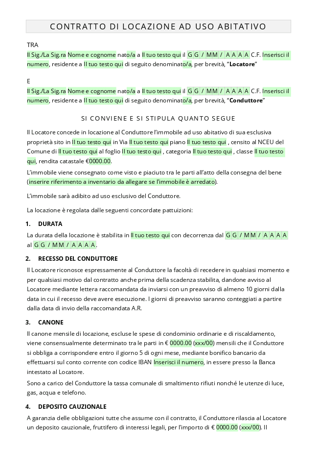 Modulo Contratto di locazione ad uso abitativo