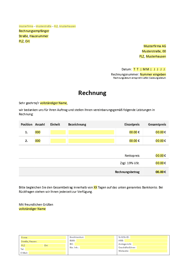Formular für Rechnung