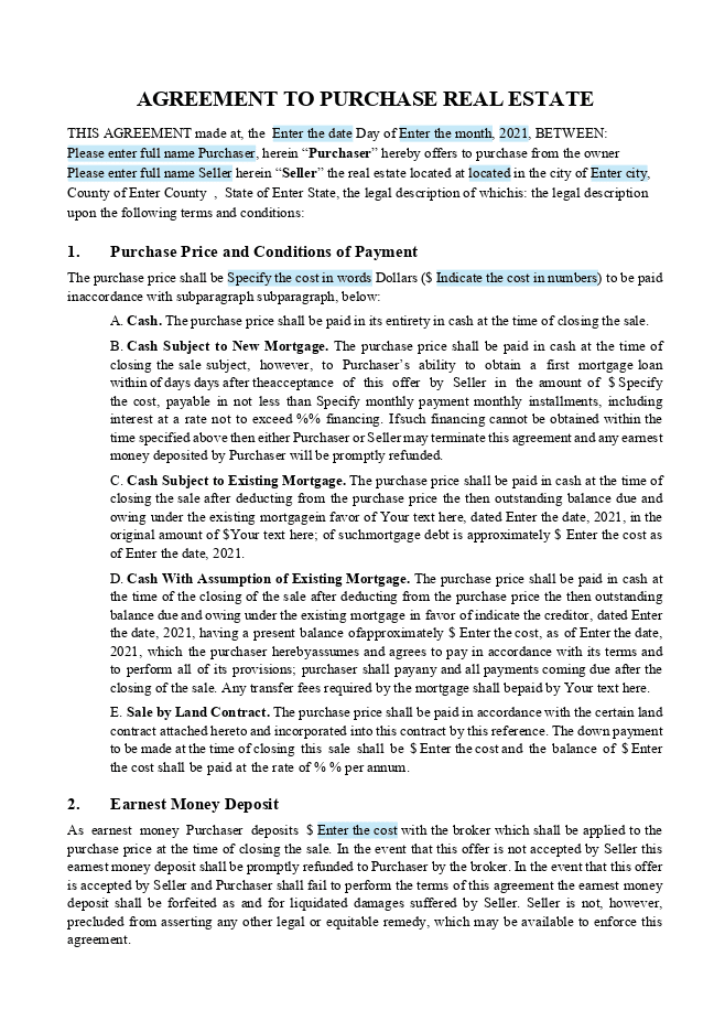 Real Estate Purchase Agreement form