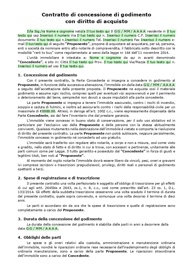 Modulo Contratto di rent to buy