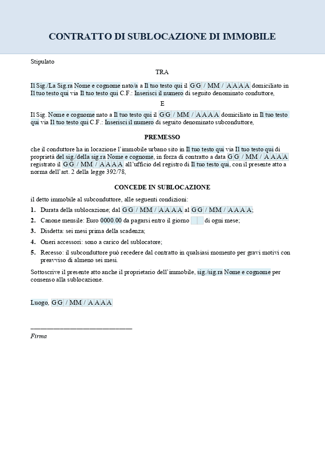 Modulo Contratto di sublocazione