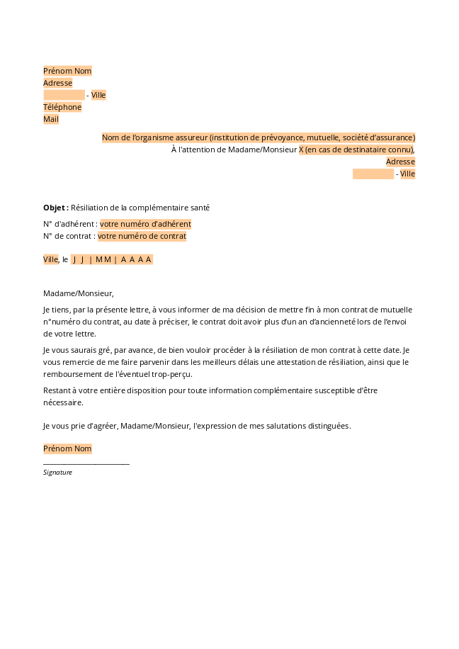 Formulaire lettre résiliation de mutuelle santé