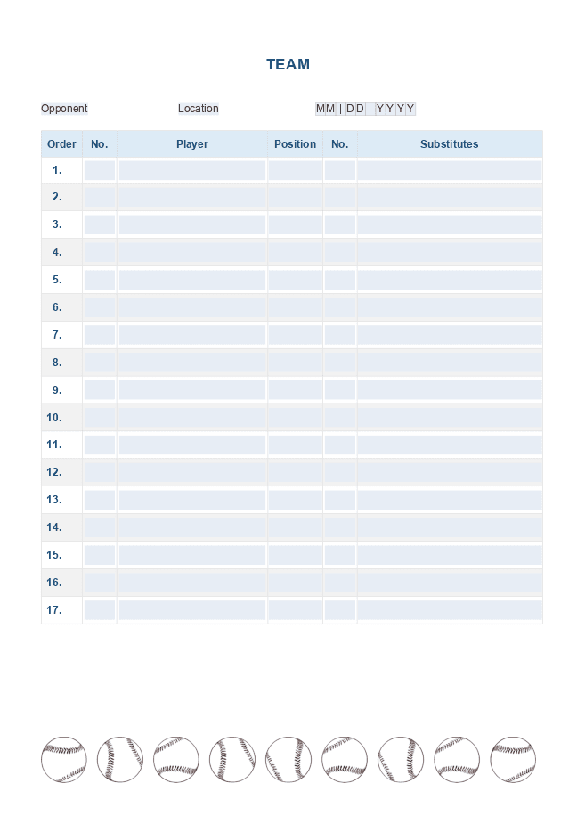 Fillable baseball lineup form