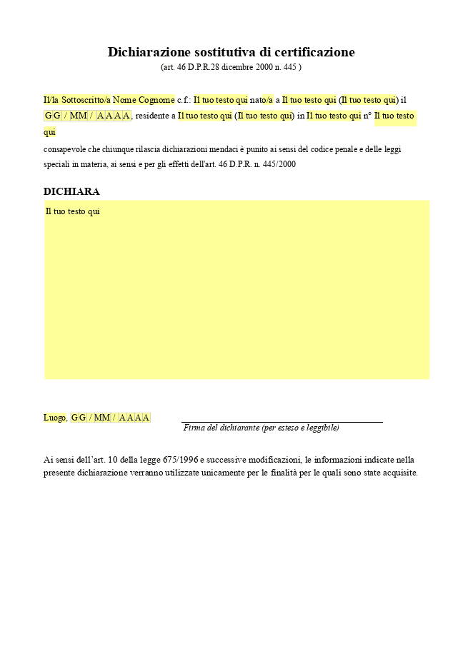 Modulo Autocertificazione generica