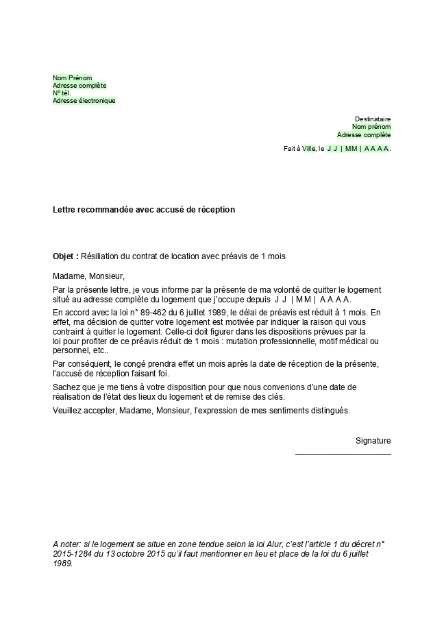 Formulaire lettre de résiliation d'un bail avec 1 mois de préavis