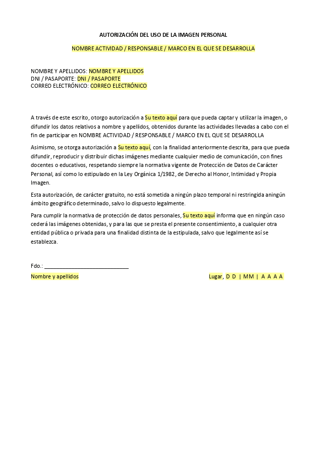 Formulario Carta de autorización para el uso de imágenes