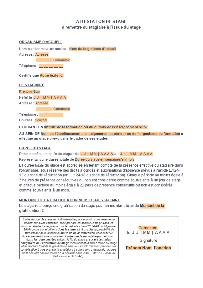 Formulaire attestation de stage