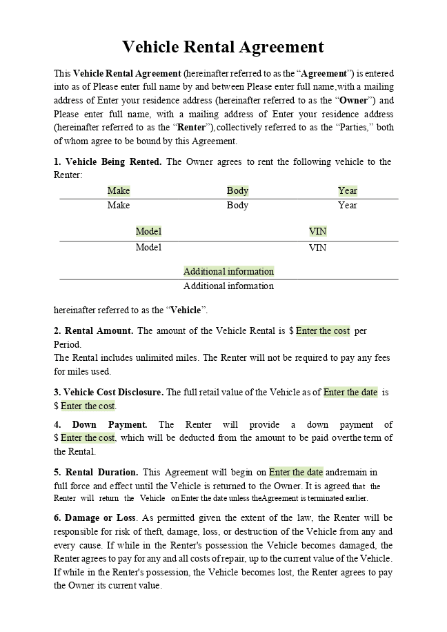 Vehicle Rental (Leasing) Agreement form