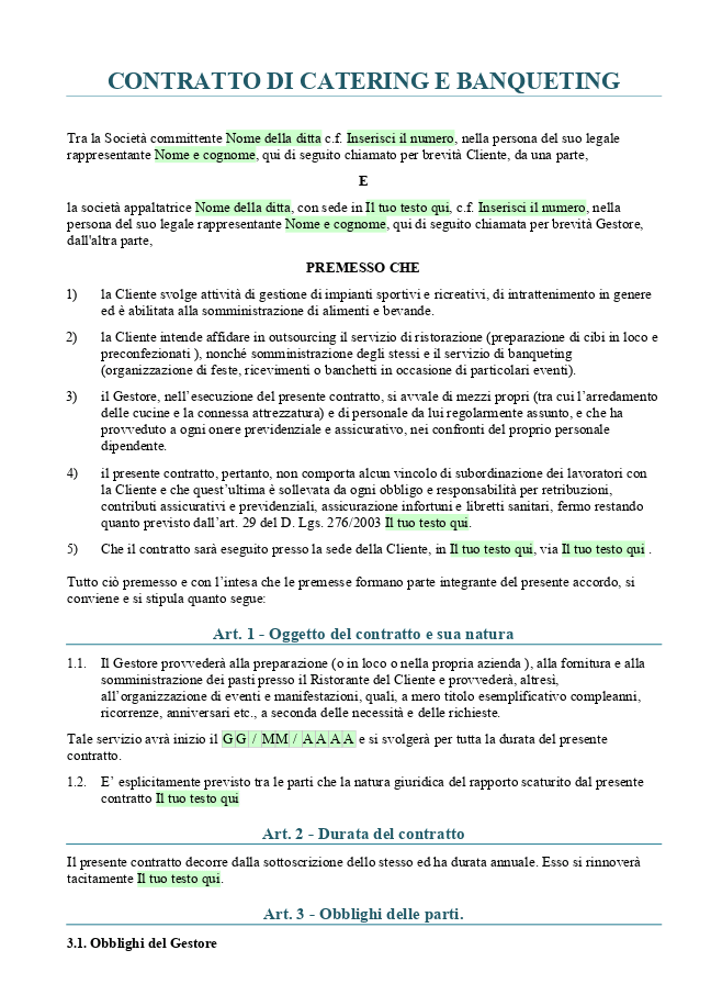 Modulo Contratto di catering / banqueting