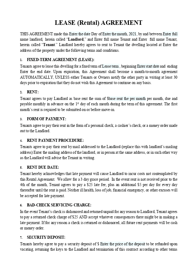 House Rental (Lease) Agreement form