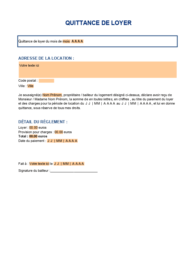 Formulaire quittance de loyer