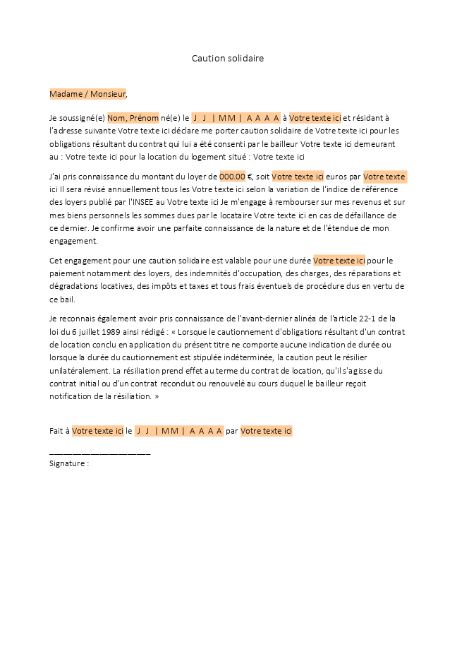 Formulaire caution solidaire
