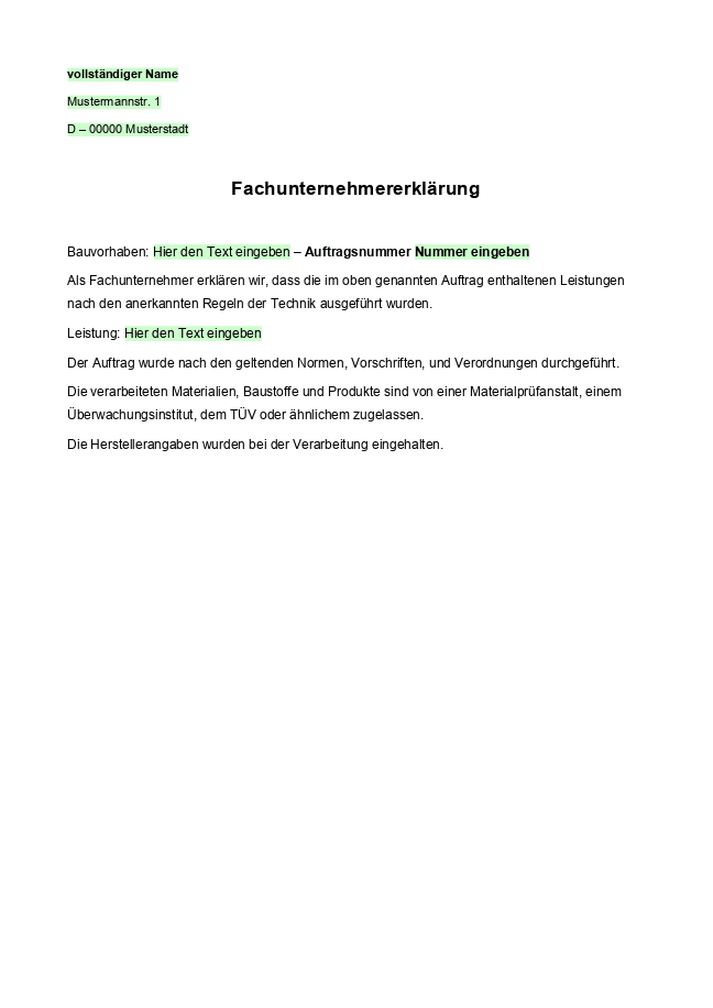 Formular für Fachunternehmererklärung