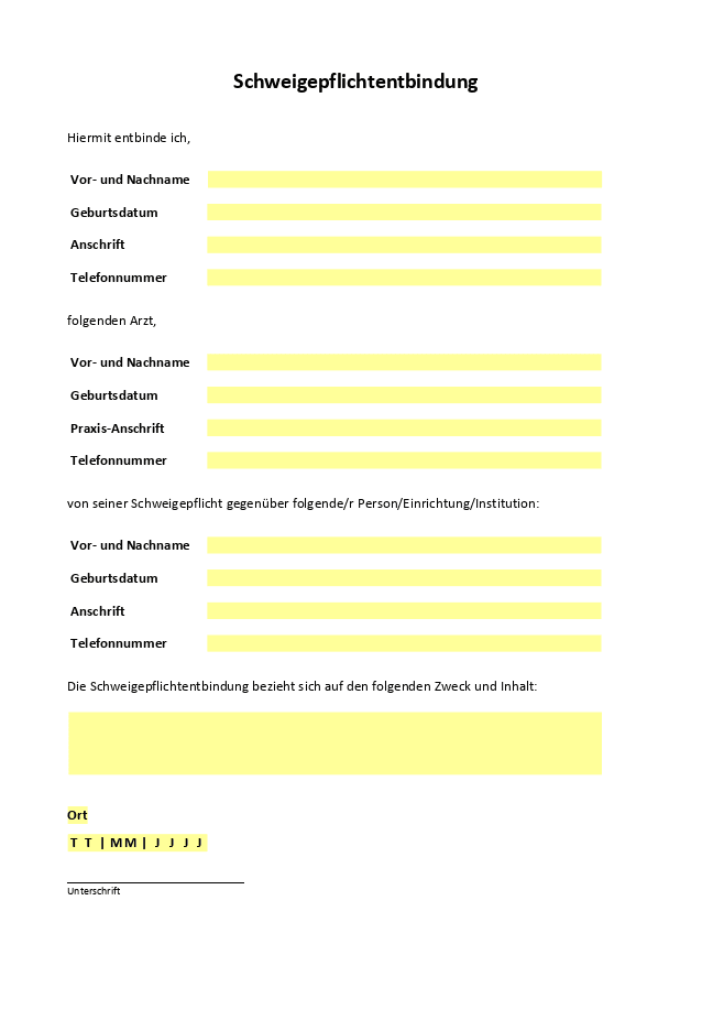 Formular für Schweigepflichtsentbindung