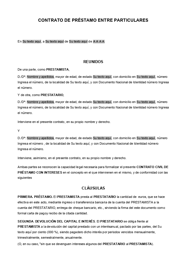 Formulario Contrato de préstamo entre particulares