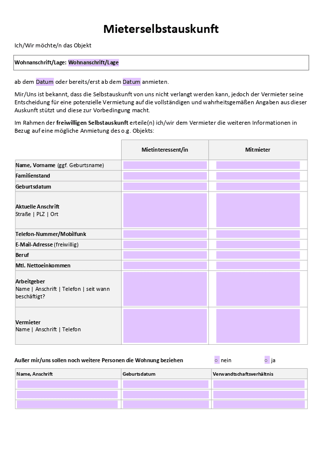Formular für Mieterselbstauskunft