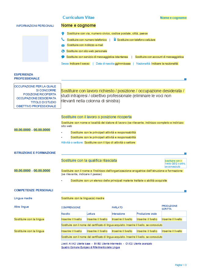 Modello Curriculum Vitae