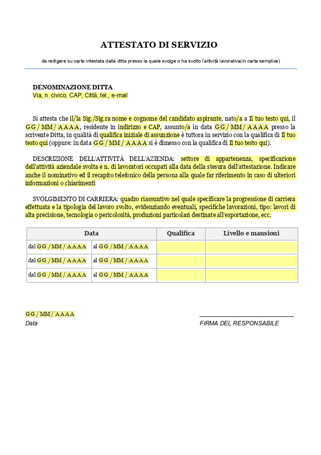 Modulo Attestato di servizio