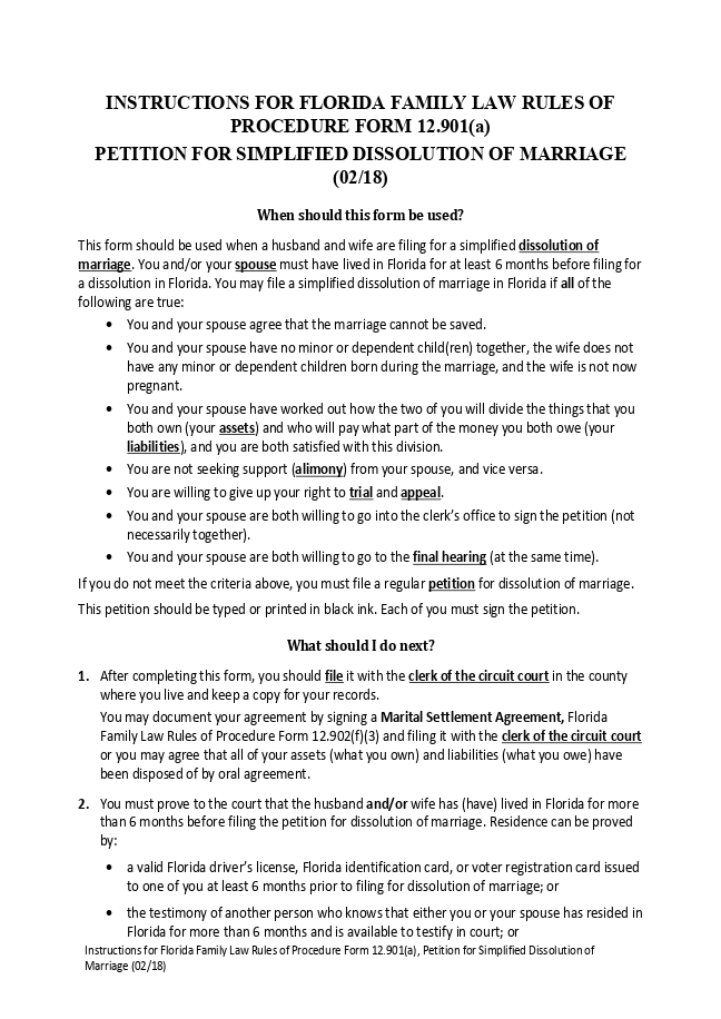 Florida divorce petition form