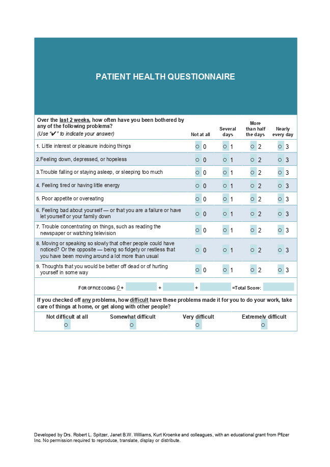 Patient Health Questionnaire 9 (PHQ 9) form