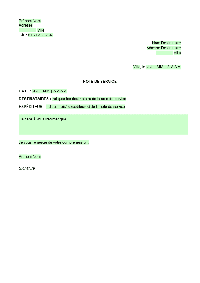 Formulaire note de service