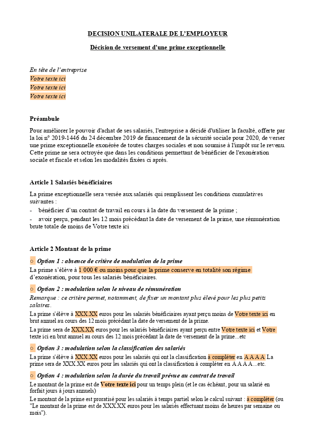 Formulaire décision unilatérale de l'employeur