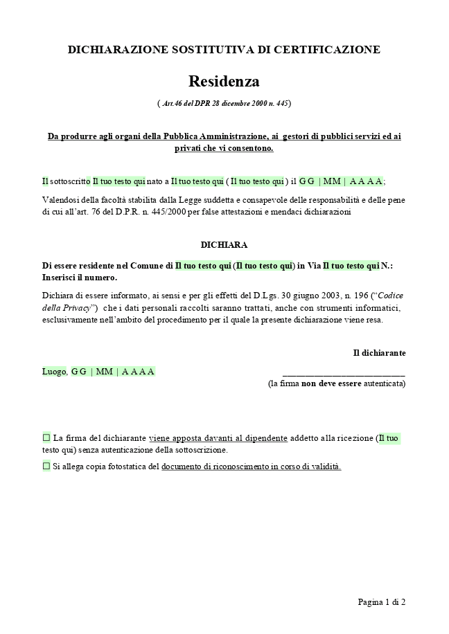 Modulo Autocertificazione residenza