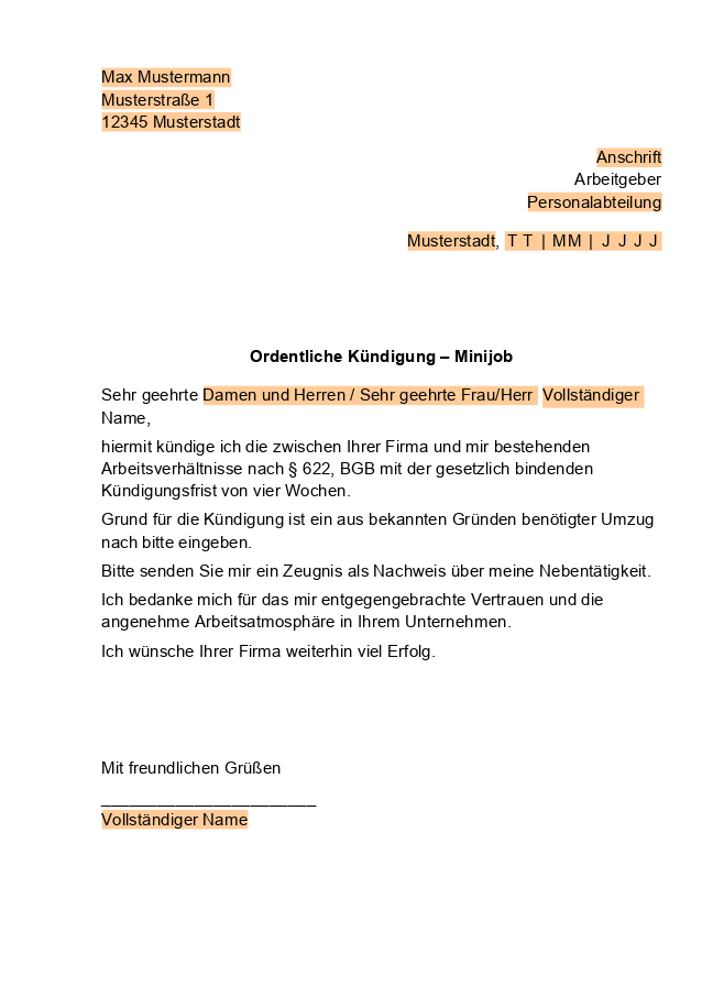 Formular für Minijob-Kündigungsschreiben