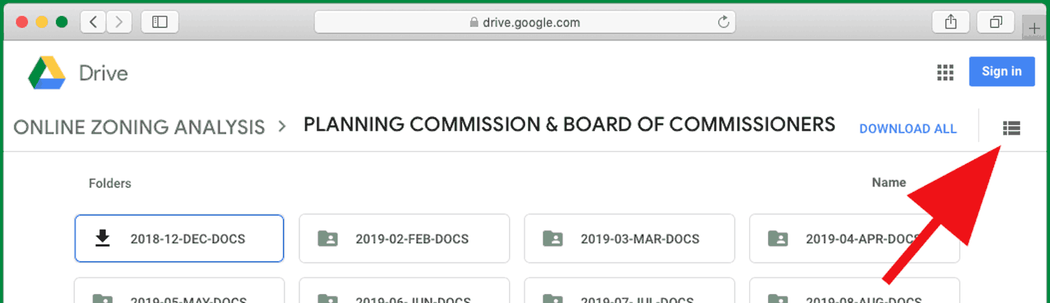 Graphic showing location of the list view icon in the top right corner in Google Drive