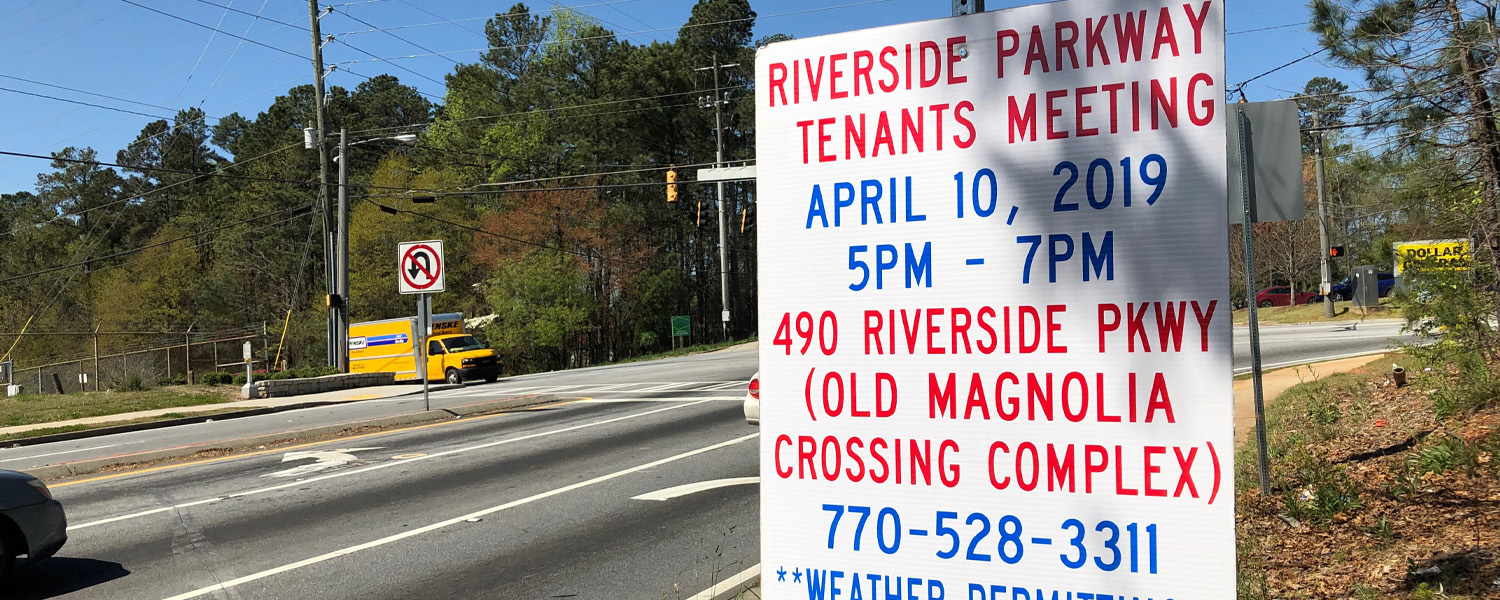 Picture of Tenants Meeting sign on Riverside Parkway