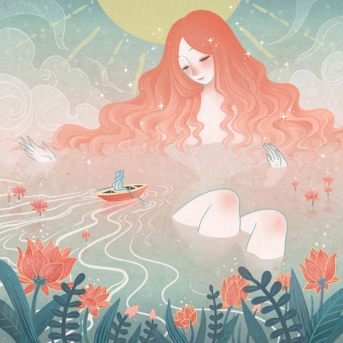 painting of a woman swimming in a lake