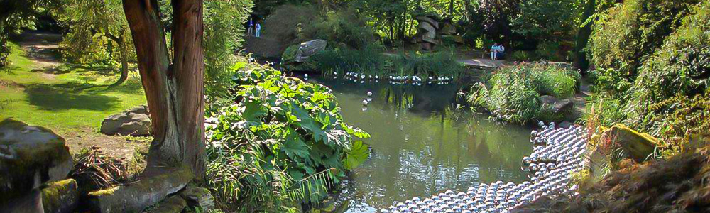 Big Shanty Park pond with art installation