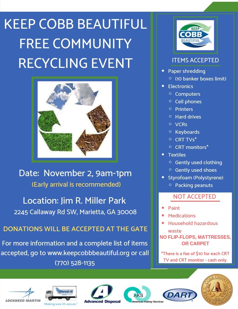Recycling Event, Paper Shredding, Electronics Collection, Appliance Collection, Polystyrene Collection, Gently used clothing, shoes and household items in good condition.