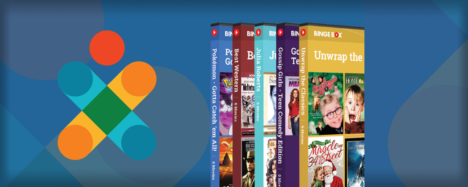 blue background with a small collection of DVDs and text 'Binge Box One check out. Multiple movies.'