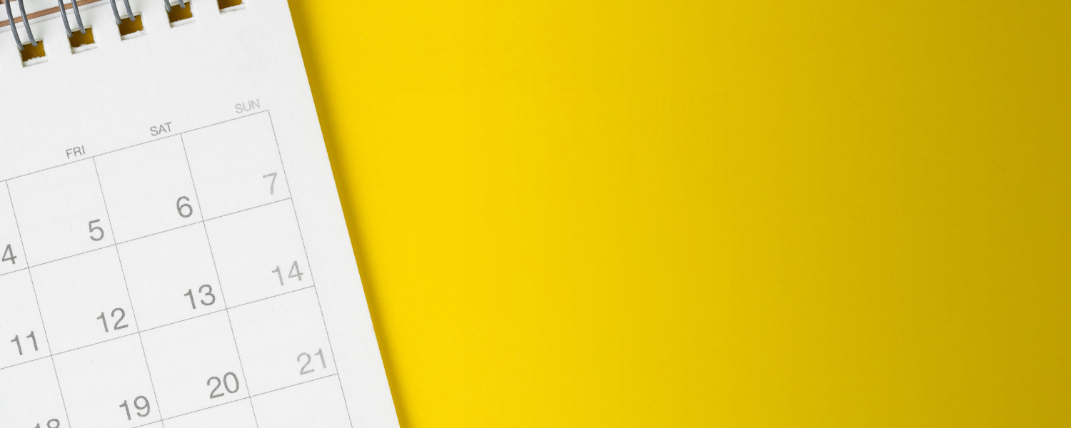 yellow background; monthly calendar on left-hand side with text "Saturday hours return April 10" in middle