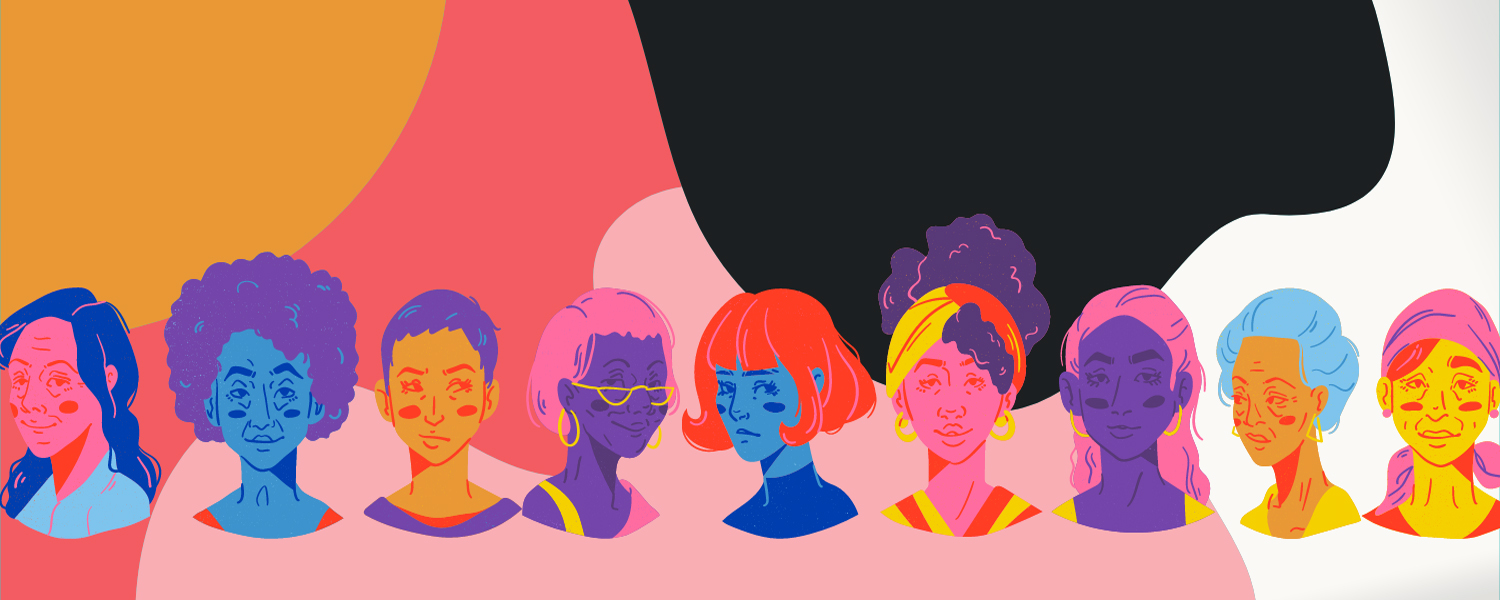 a colorful background with a row of illustrated busts of diverse women