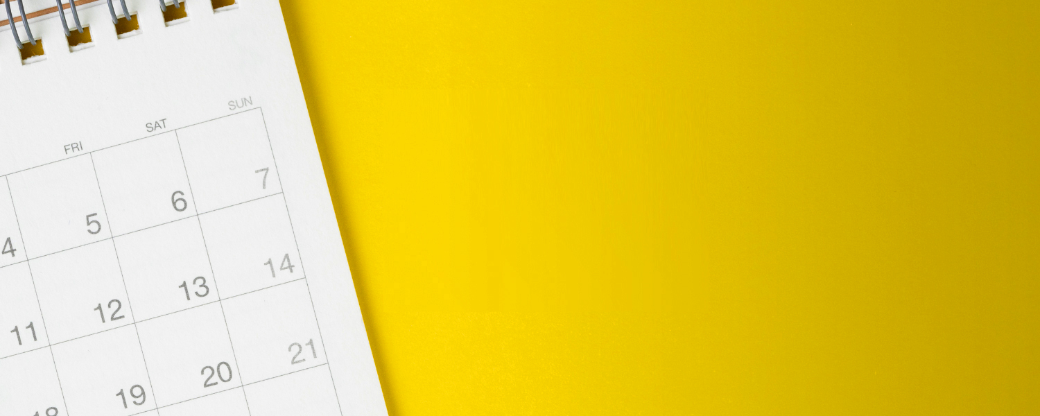 yellow background; monthly calendar on left-hand side with text "Saturday hours return April 10" in middle