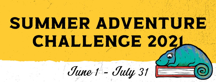 text 'Summer Adventure Challenge 2021 June 1 - July 31' with a cartoon image of a blue and teal chameleon sitting on top of a red book
