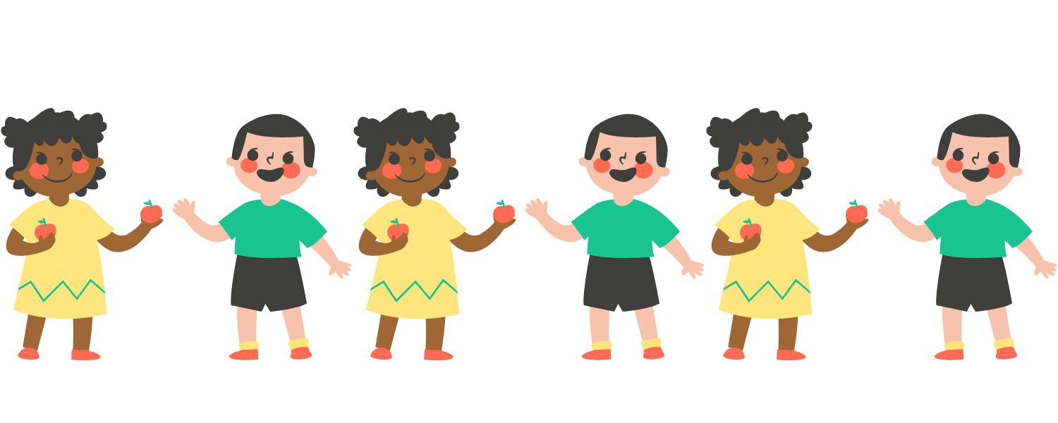 cartoon image of a young girl in a yellow dress holding an apple and handing an apple to a young boy in a green shirt