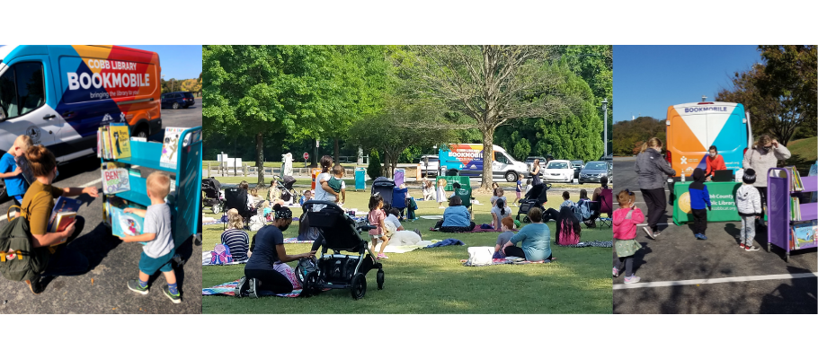 collage image of the Cobb Library Bookmobile outside in park settings with families attending storytimes and choosing books to check out