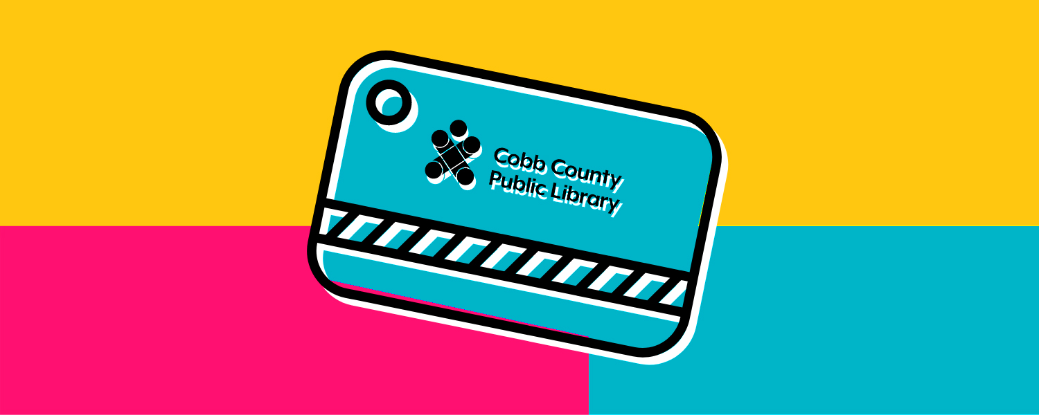 background of rectangular blocks of yellow, magenta, and cyan with a cyan library card in the middle