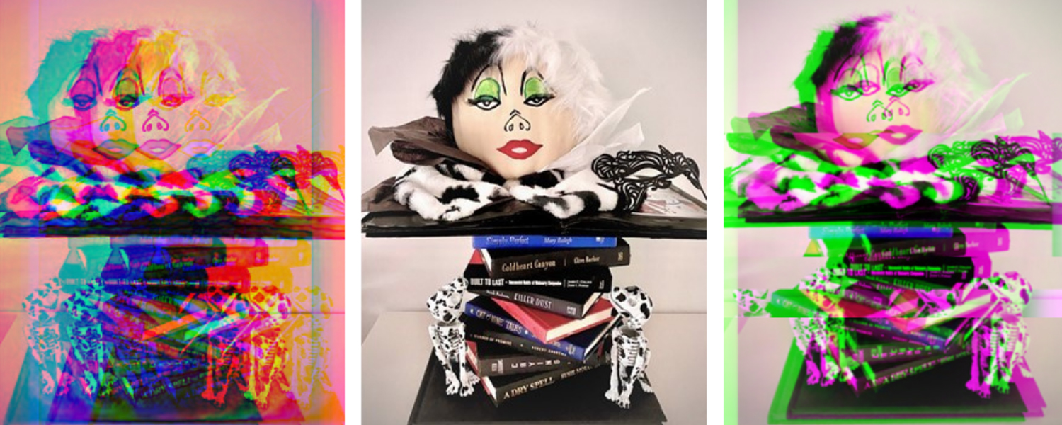 photograph of a pumpkin painted to look like Cruella de Vil from 101 Dalmatians