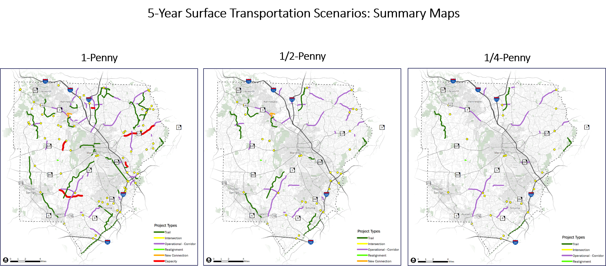 Map depicting possible surface transportation investments based on revenue collection scenarios
