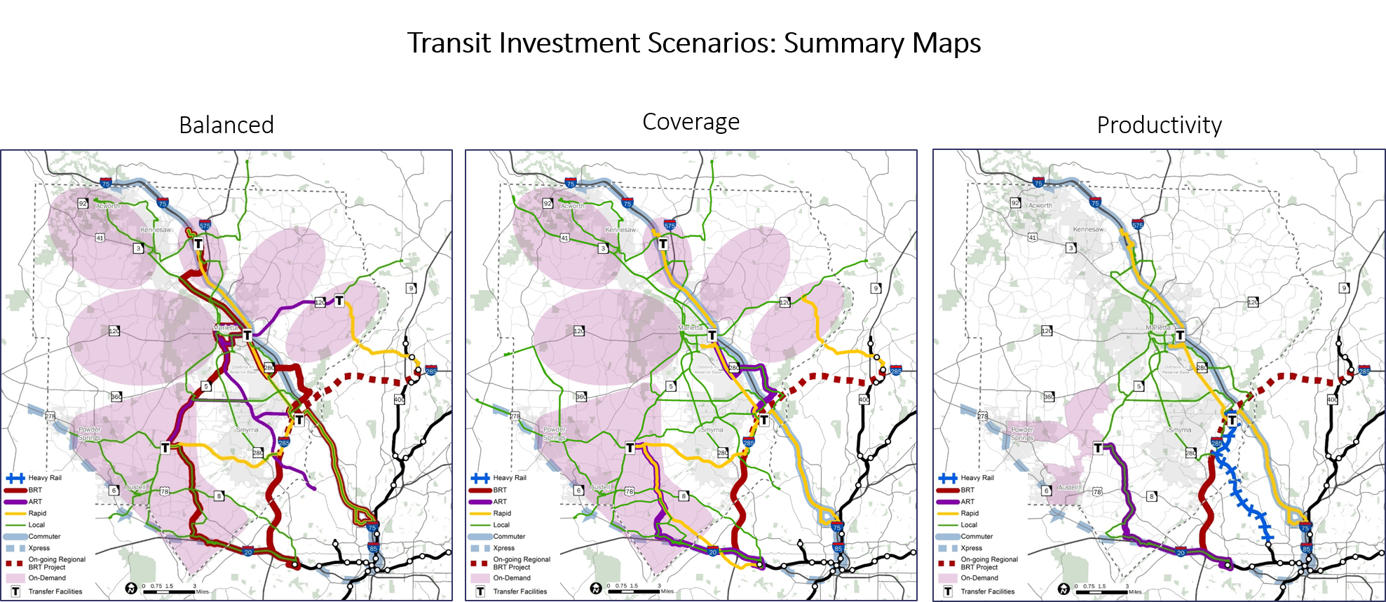 Picture of maps depicting possible transit investment scenarios