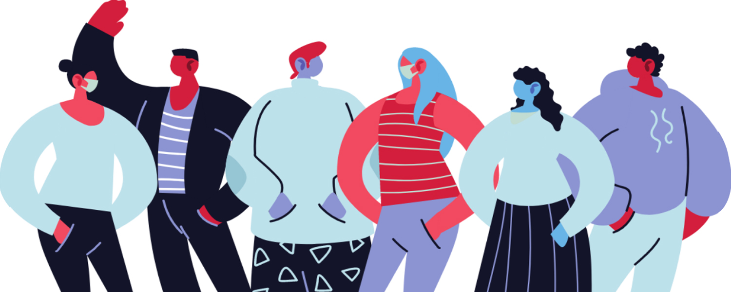 graphic of 6 people standing side by side; 2 are wearing masks