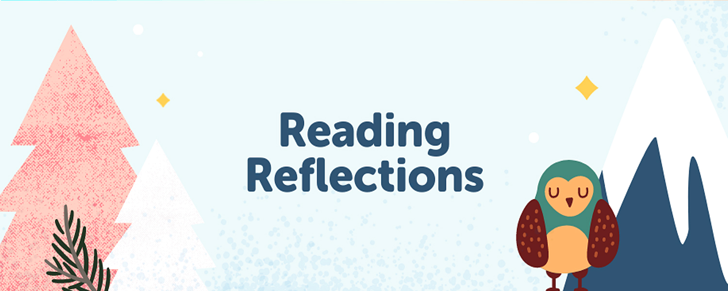 snowy background with an owl, pine trees, and a mountain and text Reading Reflections
