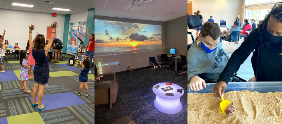 collage of photos showing people of all ages utilizing the Accessibility Services room at Switzer Library