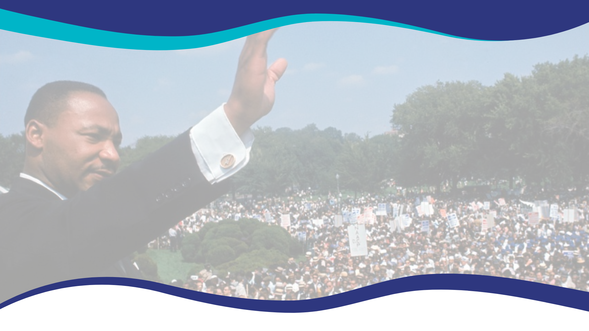 photograph of Martin Luther King, Jr. smiling and waving to a large crowd