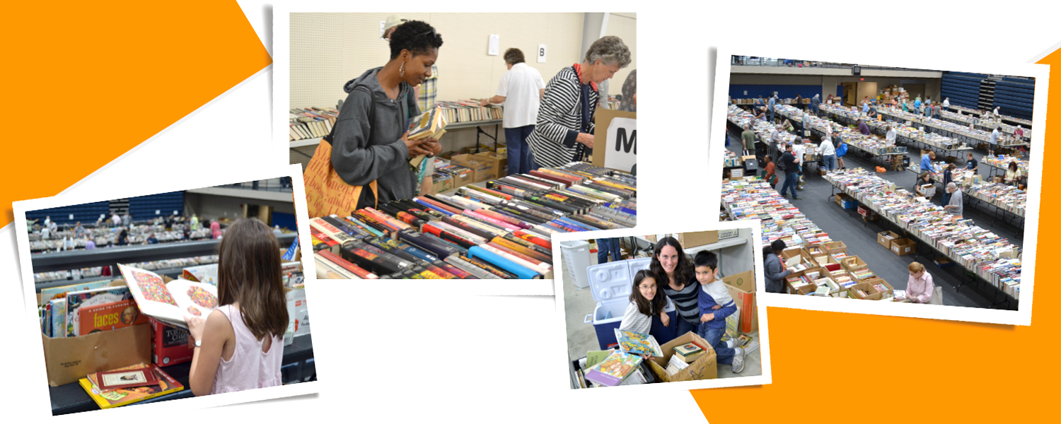 orange squares over white background with several past Book Sale photos positioned on top